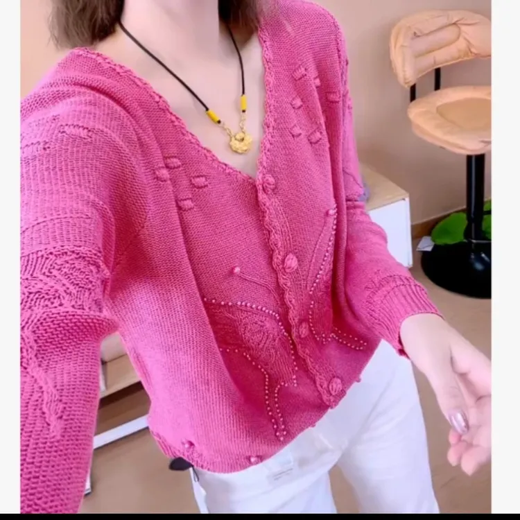新款圆领保暖慵懒风显瘦网红女装时尚上档次彩虹玫红上衣毛衣