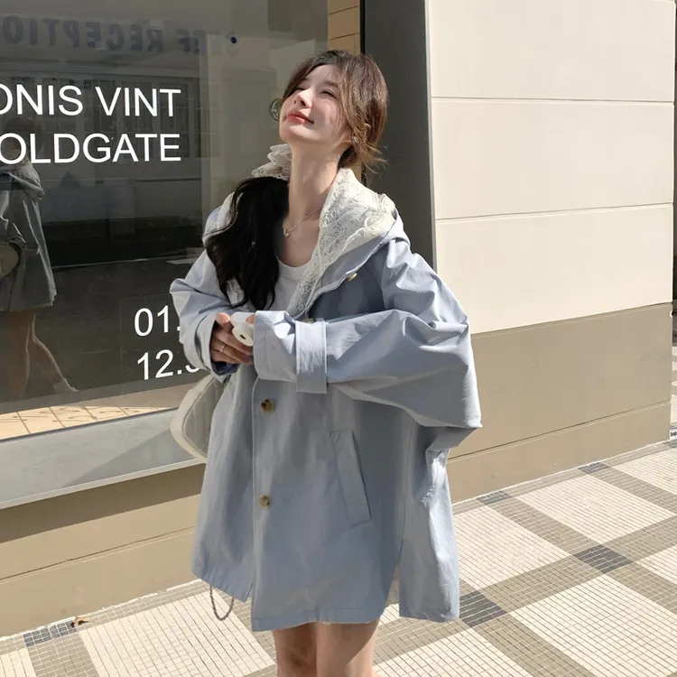 早秋甜酷宽松短款风衣外套女2025新款清新蕾丝拼接连帽设计感上衣