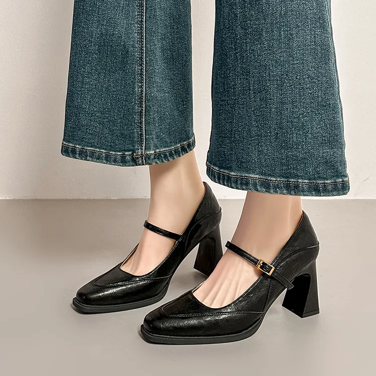 法式粗跟玛丽珍鞋女不累脚高跟鞋一字带气质复古黑色浅口百搭单鞋