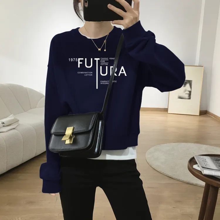 假两件圆领套头短款卫衣女加绒加厚秋冬上衣宽松小个子春秋薄款