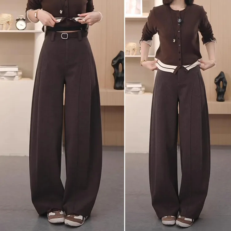 毛呢阔腿裤女裤子2025新款秋冬天裤子宽松弯刀裤高腰显瘦休闲裤厚