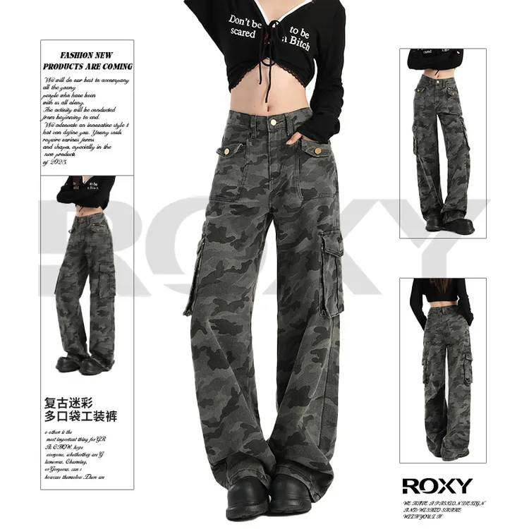 Roxy新款双色美式高腰直筒休闲迷彩阔腿工装多袋裤女
