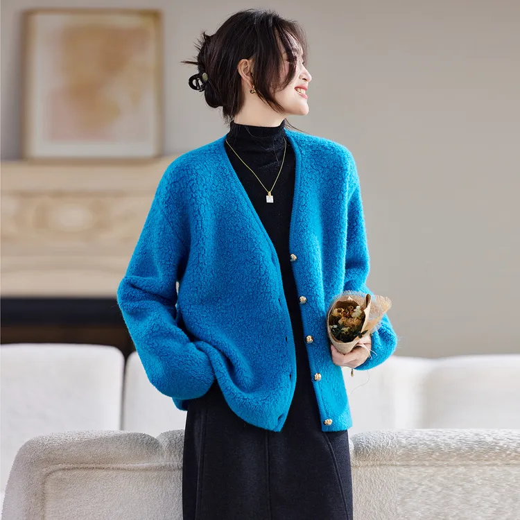 100羊毛开衫纯羊毛法式慵懒克莱因蓝色颗粒绒感毛巾绣加厚女外套