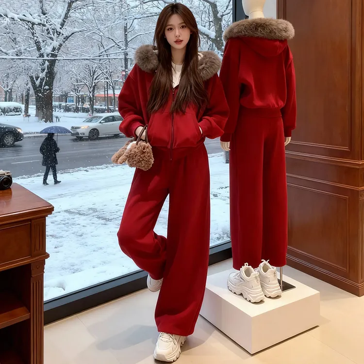 巨好看红色休闲运动套装女秋冬圣诞穿搭加绒毛领卫衣阔腿裤两件套