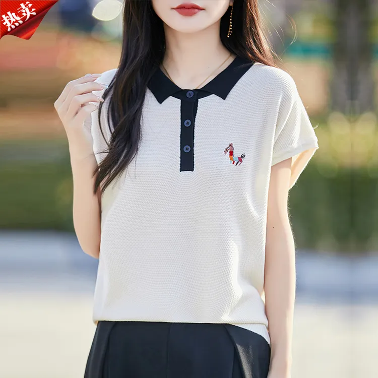 哥弟阿玛施正品新款通勤百搭刺绣小马针织衫夏季短袖撞色女士上衣