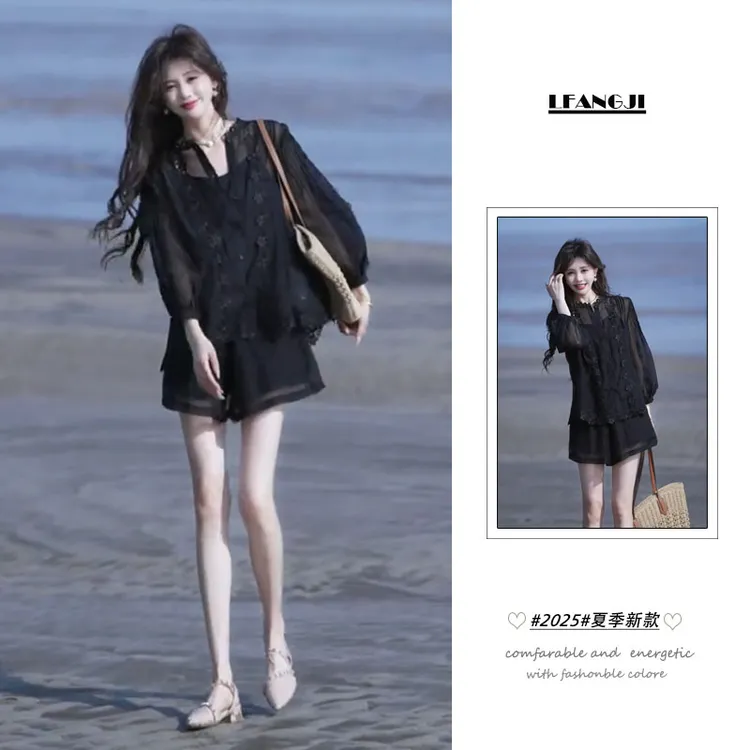 夏季套装女穿搭一整套2025新款韩版慵懒风雪纺上衣休闲短裤两件套