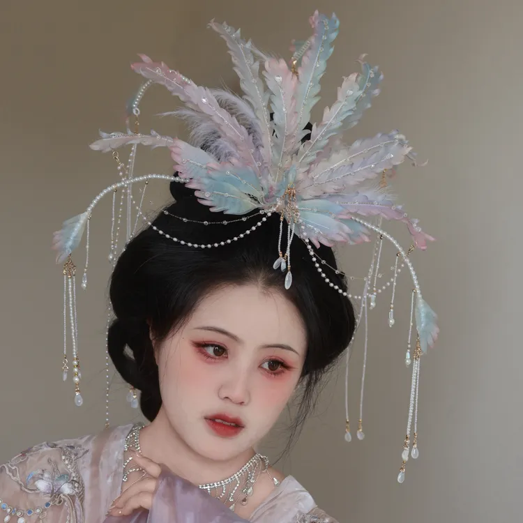 原创 画中仙 真丝烫花羽毛凤冠重工流苏古风发饰汉服配饰