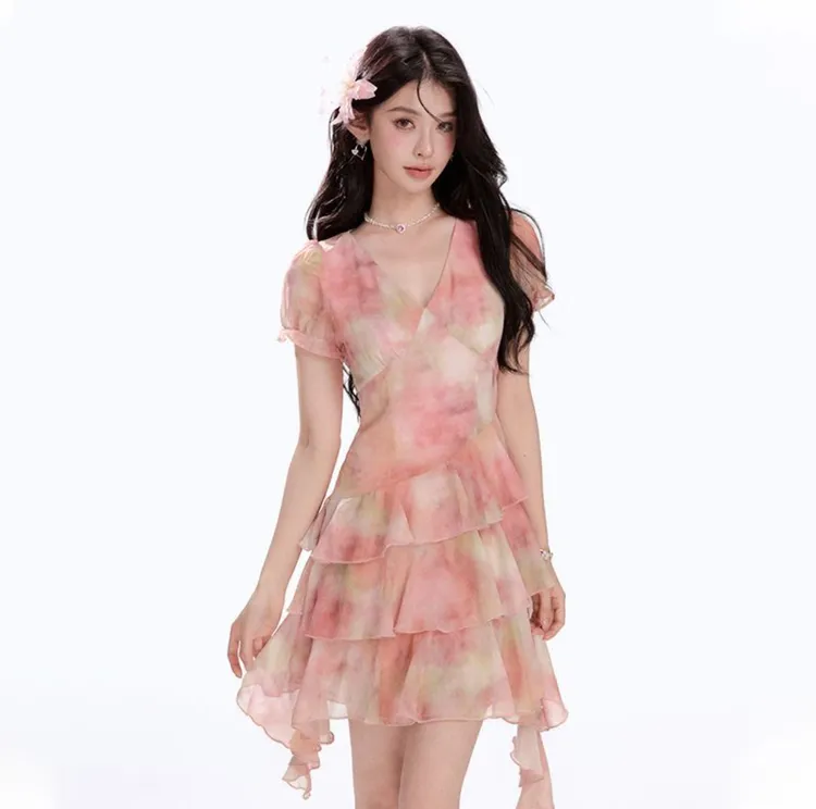 【文文专属】减龄晕染不规则V领设计连衣裙夏季新款荷叶边裙子1000