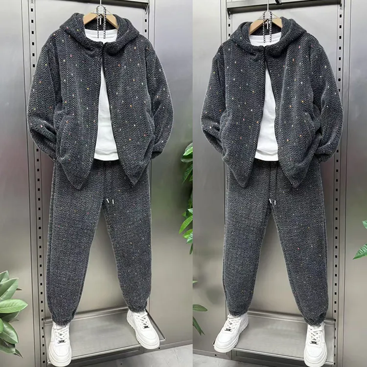 冬季运动套装男时尚加厚连帽外套宽松老钱风雪尼尔休闲裤两件套潮