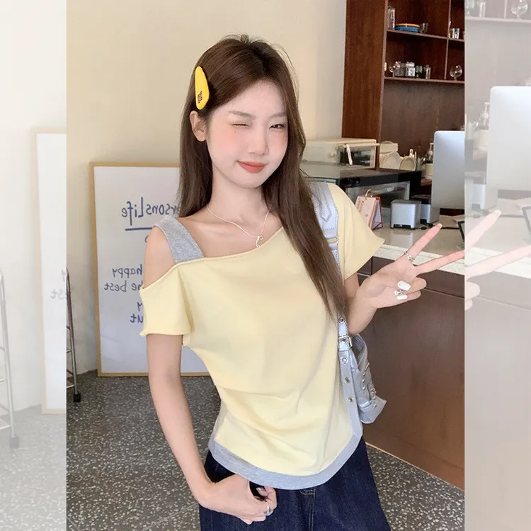 韩系斜肩设计感假两件短袖t恤2025夏季新款别致显瘦宽松气质上衣