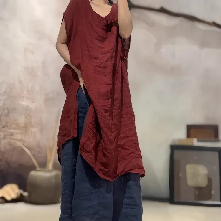 25/05 SN167 偏襟复古盘扣色织肌理感亚麻长款侧开叉背心