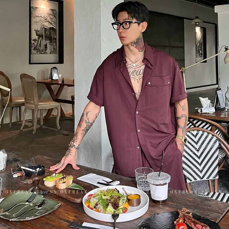 OXFREAK「老钱风 冰丝速干」酒红休闲套装男宽松短袖衬衫凉感短裤