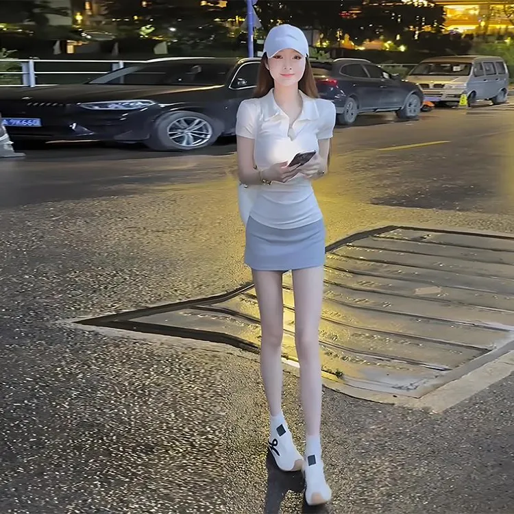 2025夏季新款韩版时尚套装女领短袖T恤+高腰显瘦短裙子两件套