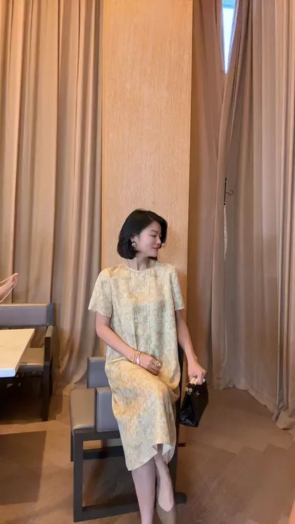 TANTAN  真丝 气质时尚印花浅黄色短袖连衣裙1928