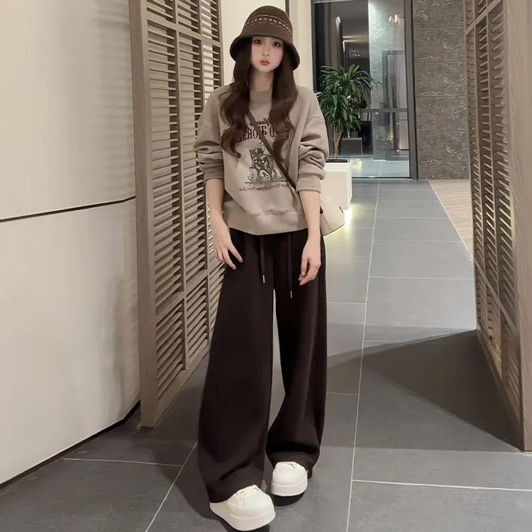 休闲美式复古套装女2025年秋冬新款洋气百搭圆领卫衣阔腿裤两件套