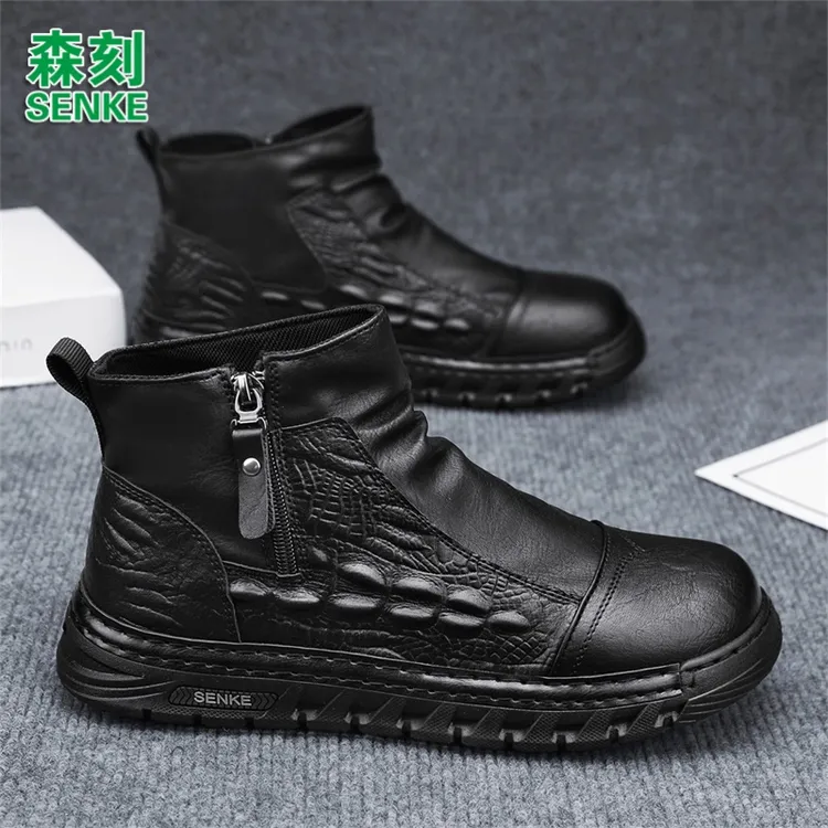 森刻男鞋2025秋冬季新款防水防滑软底软面工装时尚潮流休闲马丁靴