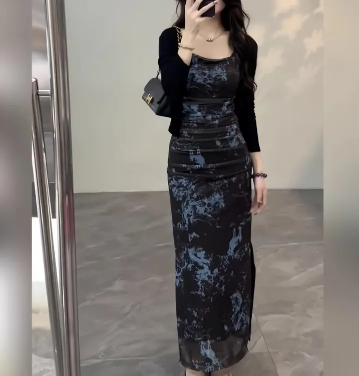 高级感墨染复古修身连衣裙开叉包臀新款吊带长裙
