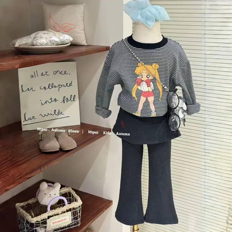 韩系女童秋季新款可爱美少女印花条纹T恤女宝洋气刺绣屁帘微喇裤