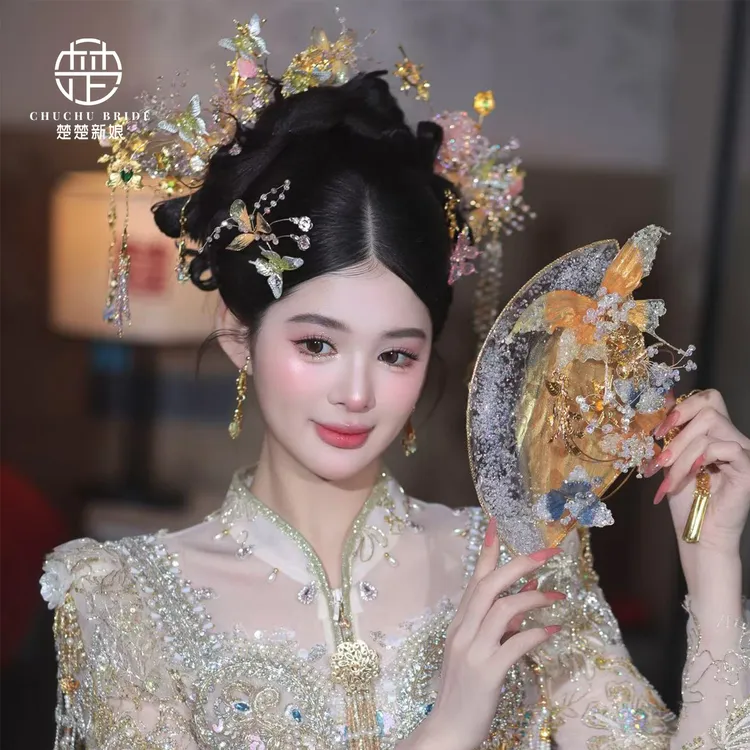 新中式新娘头饰粉色水晶花发饰秀禾晨袍旗袍龙凤褂汉服晨袍配饰