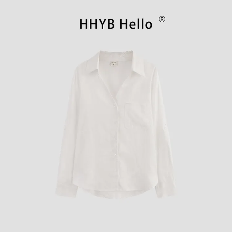 HHYB Hello【2025春季新款】简约百搭V领基础款长袖原麻衬衫Q252004