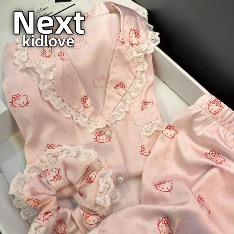 NEXT韩系粉色网红卡通印花冰丝睡衣女春夏款大码家居服套装