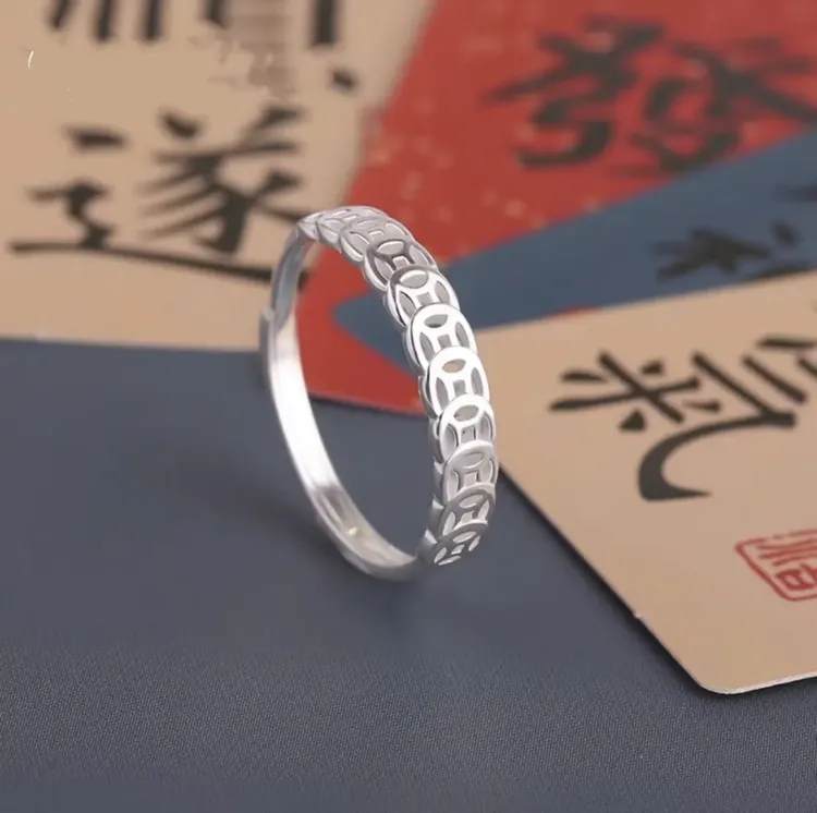 饰尚子 足银戒指 足银990钱币戒指钱多多简约时尚铜钱中国风调节