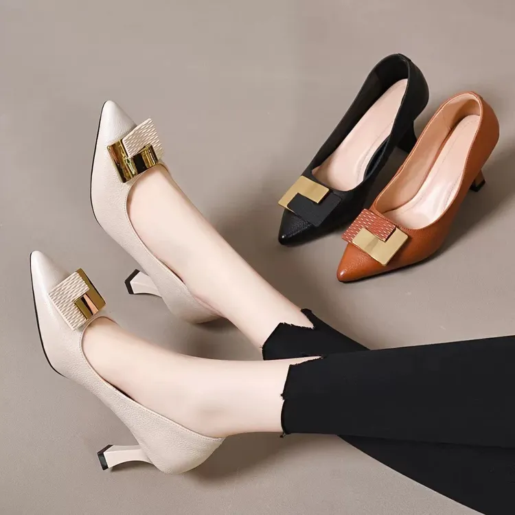 2025网红新款时尚百搭黑色细跟女单鞋舒适尖头气质女士浅口高跟鞋