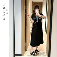 楠序源子微胖女装 夏季圆领黑色时尚气质拼接休闲连衣裙女YZ36613