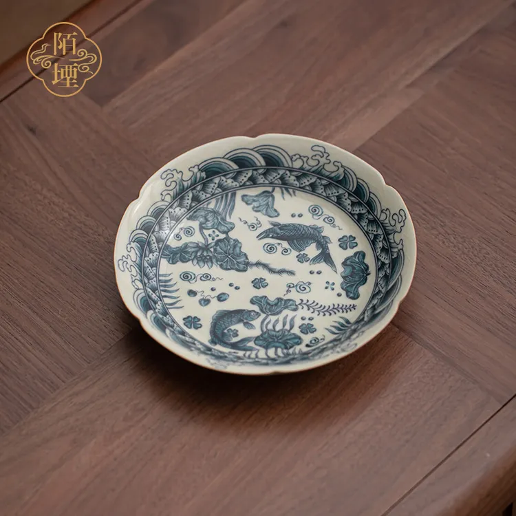 陌堙 禅意鱼藻纹汝窑壶承茶道开片可养干泡盘养壶专用茶承托茶具