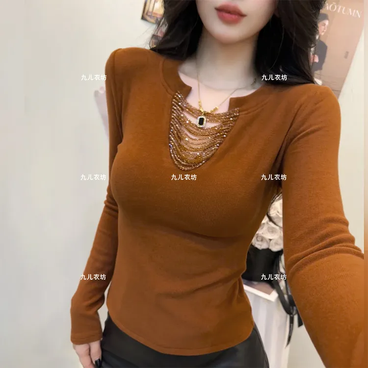 2025新款设计感修身显瘦钉珠打底衫T恤女上衣磨毛加绒长袖1090