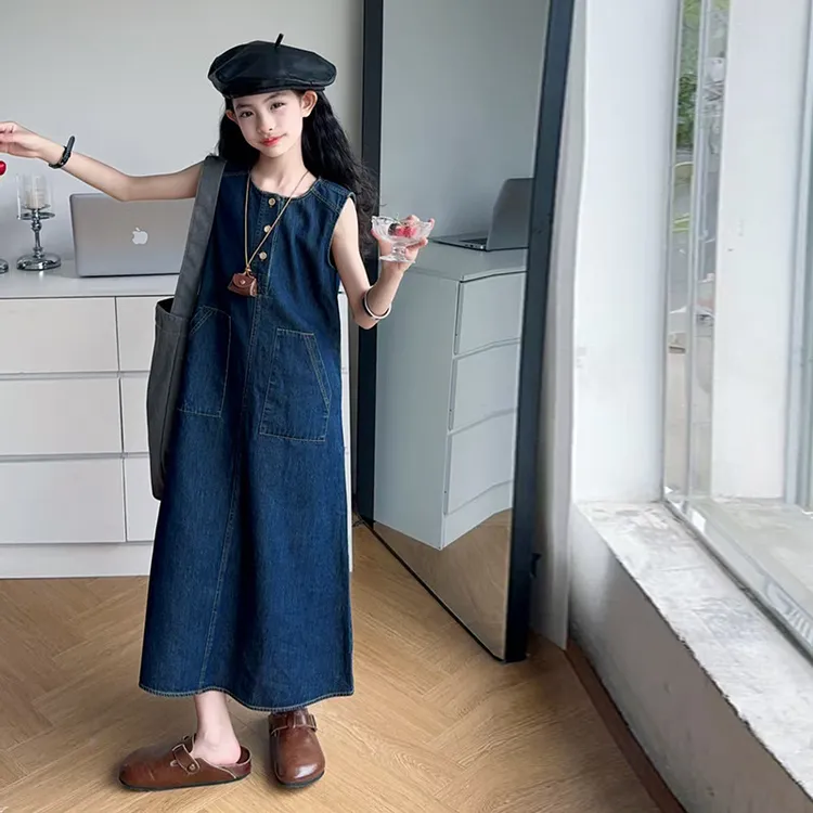 女童港风复古牛仔连衣裙2025夏装新款女大童气质显瘦网红女童夏装