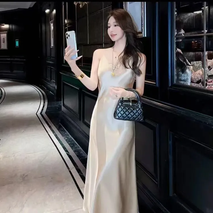 【送飘带】爆款夏季新款缎面鱼尾裙连衣裙女士高级收腰显瘦吊带长裙