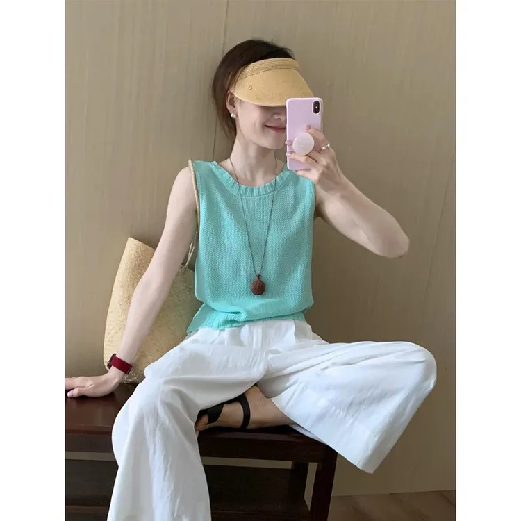 夏日绝美清冷松弛感穿搭蓝色背心亚麻长裤两件套装夏季女2025新款