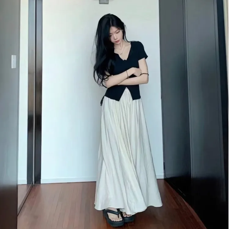 松紧腰糯米裙裤显瘦百搭A字高腰显瘦中长款半身大摆裙裤