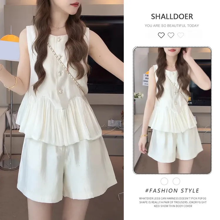 法式富家千金气质穿搭套装女网纱拼接圆领无袖上衣阔腿短裤两件套