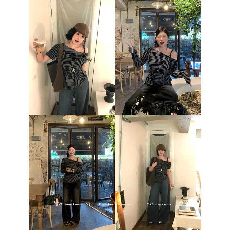 知葵微胖定制【复古旋律】早秋韩系ins大码条纹显瘦斜肩上衣T6708