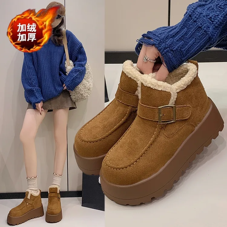 5CM增高加绒保暖勃肯鞋女2025冬季新款百搭马丁靴高帮短靴雪地靴