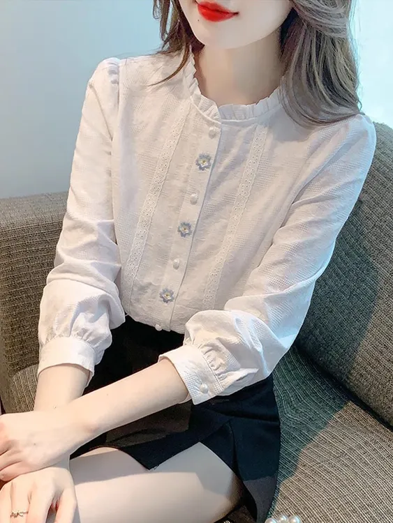 【退货运费全补】春秋装新款刺绣提花纯棉衬衫女洋气木耳领上衣百搭