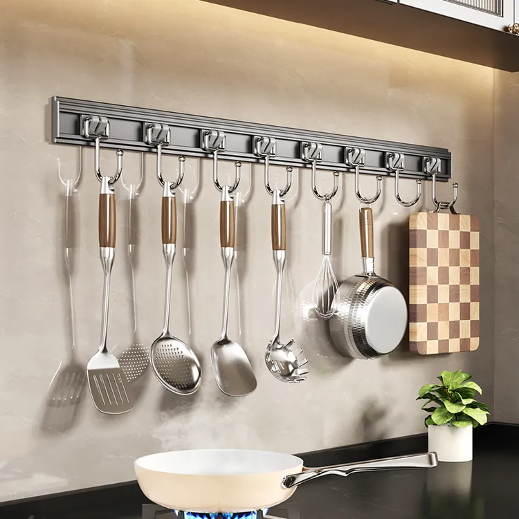 厨房免打孔锅铲挂钩滑动轨道挂钩柜门收纳神器免打孔架子壁挂式