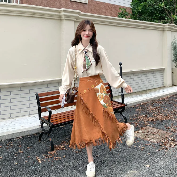 复古文艺范衬衫流苏半裙2025春秋新款氛围感艺术生穿搭气质套装裙