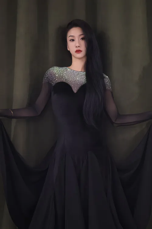 Tina舞服手工奥钻高定丝绒摩登舞连衣裙L02