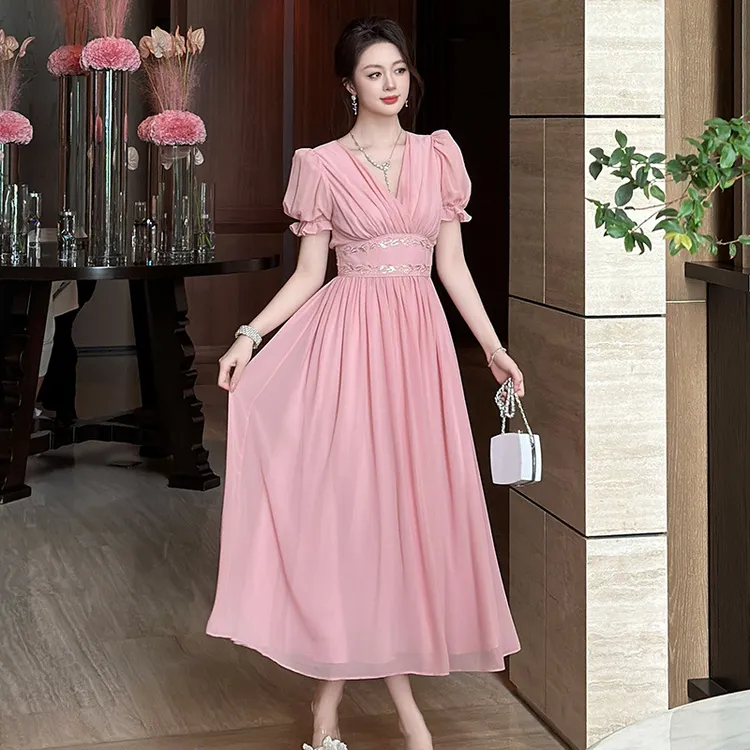 202婷婷衣恋70786夏季新款时尚法式气质V领收腰雪纺粉色连衣裙