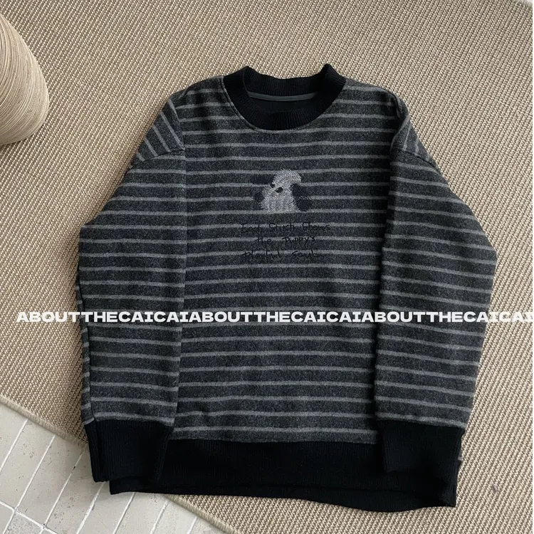 CAICAI韩系慵懒风卡通刺绣加绒加厚卫衣女磨毛条纹圆领套头外套