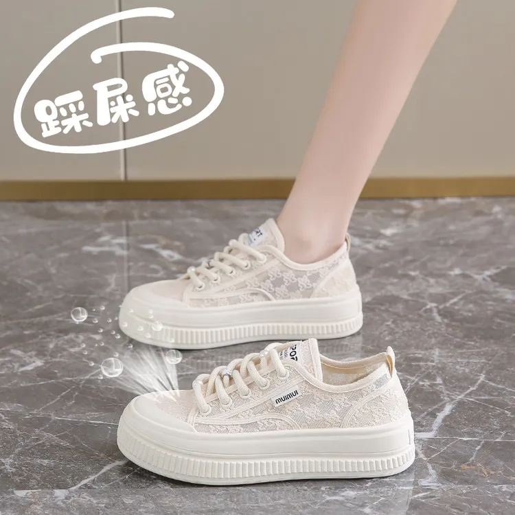 蕾丝网面透气小白鞋女2025夏季新款软底薄款百搭运动休闲帆布板鞋