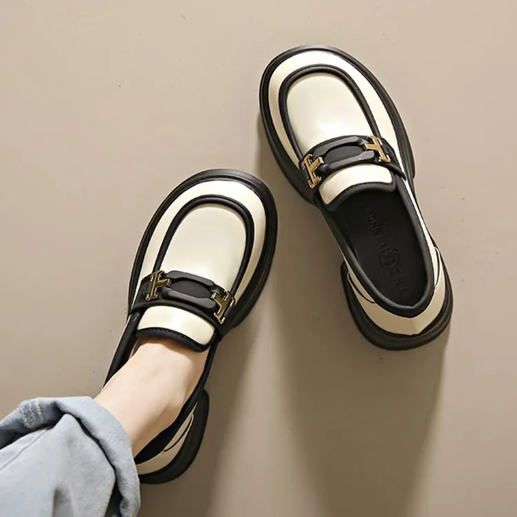 乐福鞋女2025新款夏秋季黑色厚底爆款英伦风小皮鞋粗跟一脚蹬单鞋