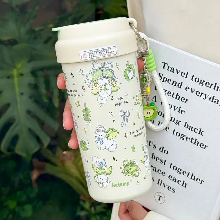 恒度苹果小猫316不锈钢保温杯高颜值学生便携随手咖啡吸管水杯子