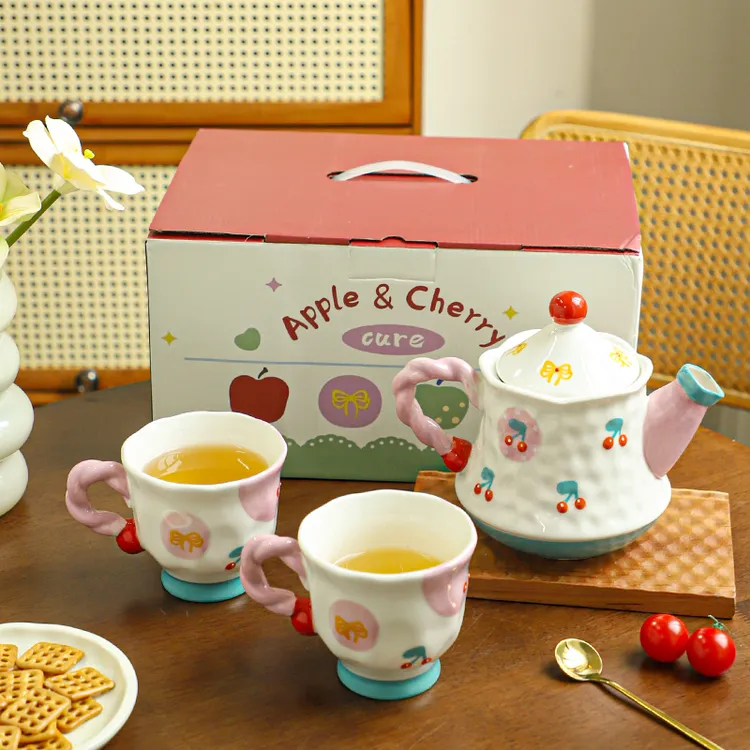 舍里礼盒装可爱一壶两杯情侣陶瓷茶具高颜值水杯茶杯茶壶水果花茶