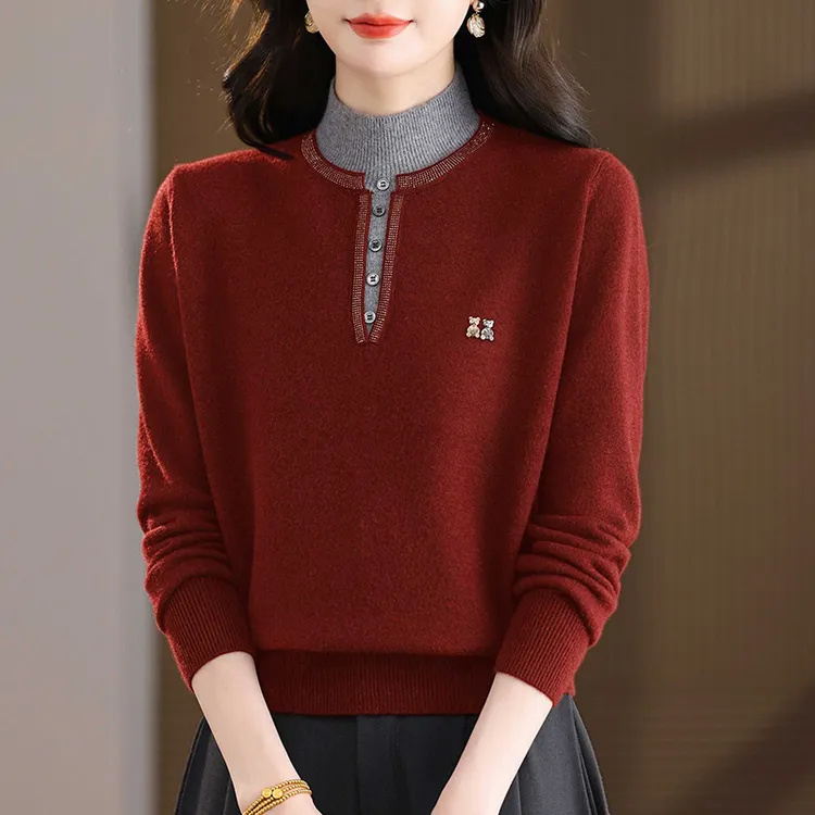 中年红色毛衣女秋冬2026新款假两件上衣时尚洋气针织打底衫厚