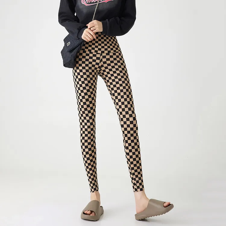 H2902九分棋盘格芭比裤女春秋高腰微喇紧身收腹提臀打底鲨鱼裤