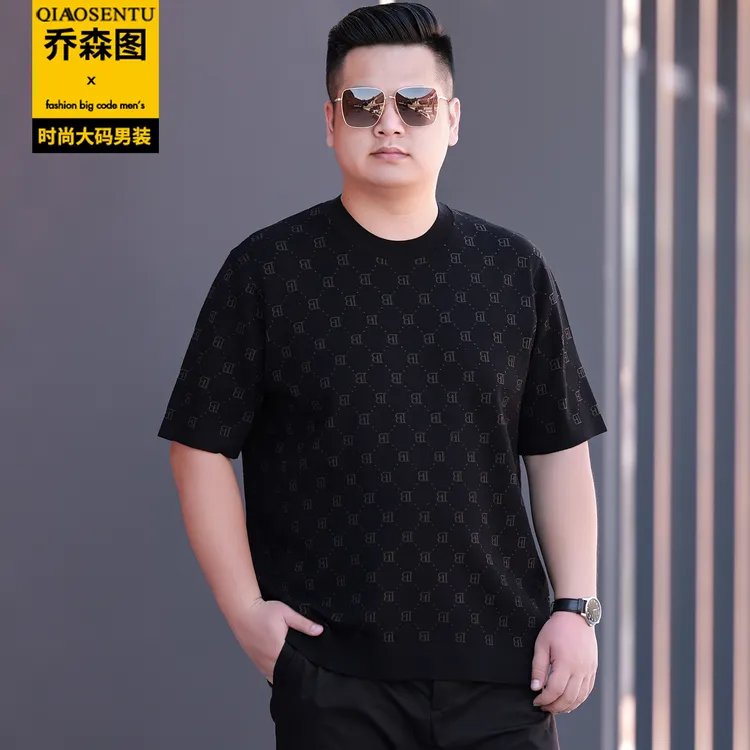 大码男装短袖针织毛衣春秋加肥加大号胖子肥佬宽松圆领内搭毛线衣